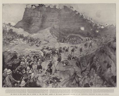 El asalto a la colina Dargai el 20 de octubre, el paso siendo tomado por los Gordon Highlanders, seguido por los Dorsetshires, Derbyshires, 3rd Sikhs y Gurkhas de William Hatherell