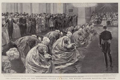 El baile de carnaval en el Palacio del Gobernador en Malta, los bailarines de minueto saludando al trono de William Hatherell