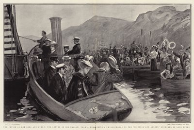 El crucero del rey y la reina, el regreso de Su Majestad de una cacería de ciervos en Kinlochmore al Victoria y Albert, anclado en Loch Leven de William Hatherell