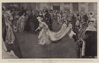 El baile de disfraces de la Duquesa de Devonshire, la procesión de invitados saludando al grupo real en el Salón Blanco y Dorado, 1897 de William Hatherell