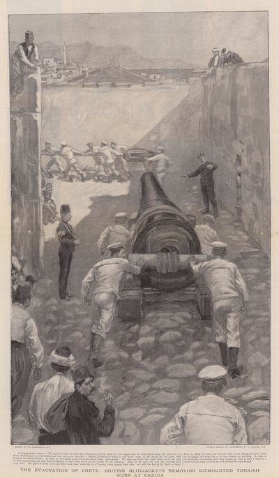 La evacuación de Creta, marineros británicos retirando cañones turcos desmontados en Candia de William Hatherell