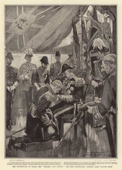 La investidura a bordo del Victoria y Albert, el rey decorando al almirante Lord Walter Kerr de William Hatherell