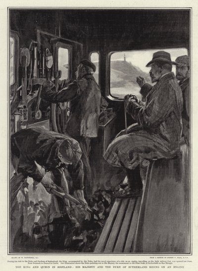 El rey y la reina en Escocia, Su Majestad y el duque de Sutherland montando en una locomotora de William Hatherell