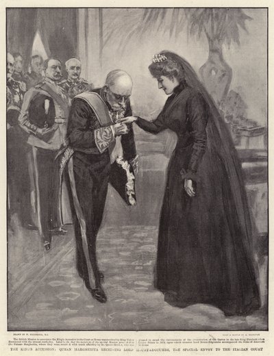 La Ascensión del Rey, la Reina Margherita recibiendo a Lord Mount-Edgcumbe, el Enviado Especial a la Corte Italiana de William Hatherell