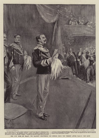El nuevo Rey de Italia, Su Majestad pronunciando su discurso desde el trono después de tomar el juramento de William Hatherell