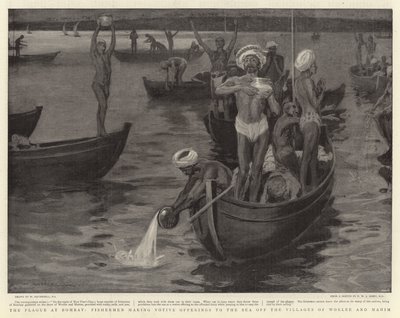 La plaga en Bombay, pescadores haciendo ofrendas votivas al mar frente a los pueblos de Worlee y Mahim de William Hatherell