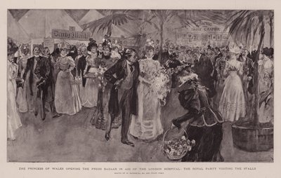 La Princesa de Gales inaugurando el Bazar de Prensa en Ayuda del Hospital de Londres, la Fiesta Real visitando los Puestos de William Hatherell