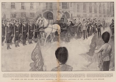 La Reina y sus marineros, Su Majestad inspeccionando el contingente poderoso de la Brigada Naval de Ladysmith de William Hatherell