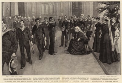 La Reina y los héroes de Benín, la tripulación del HMS St George en Osborne, Su Majestad interrogando a un marinero herido de William Hatherell