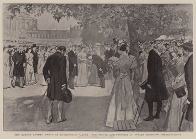 La fiesta en el jardín de la Reina en el Palacio de Buckingham, el Príncipe y la Princesa de Gales recibiendo presentaciones de William Hatherell