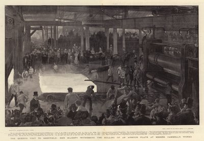 La visita de la Reina a Sheffield, Su Majestad presenciando el laminado de una placa de armadura en las obras de Cammell de William Hatherell