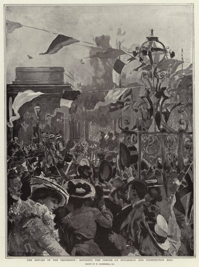 El regreso de la procesión, doblando la esquina de Piccadilly y Constitution Hill de William Hatherell
