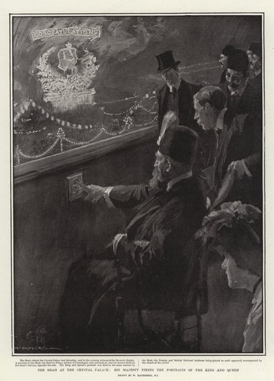 El Shah en el Palacio de Cristal, Su Majestad disparando a los retratos del Rey y la Reina de William Hatherell