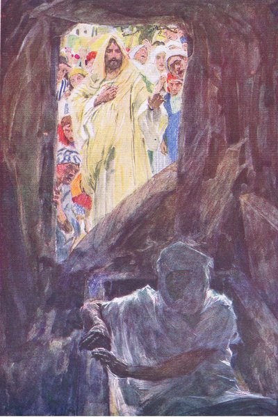 La resurrección de Lázaro, de La Historia de la Biblia publicada por Hodder & Stoughton, c.1930 de William Hatherell