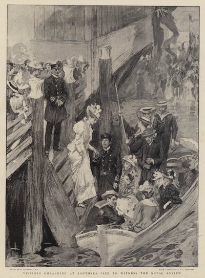 Visitantes embarcando en el muelle de Southsea para presenciar la revisión naval de William Hatherell