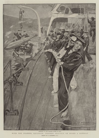 Con el Escuadrón del Canal, práctica de torpedos a bordo de una cañonera de William Hatherell