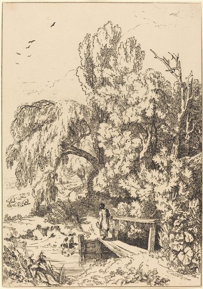 Paisaje con árboles, niña cruzando puente peatonal de William Havell