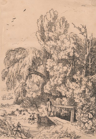Paisaje con árboles, niña cruzando pasarela de William Havell
