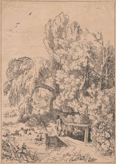 Paisaje con árboles, niñas cruzando la pasarela de William Havell