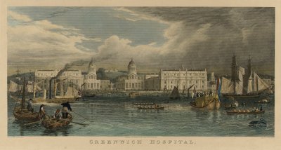 Visita real al Hospital de Greenwich (Inglaterra), con un velero, un barco de vapor, barcazas de pasajeros y botes de remos en el Támesis de William Havell