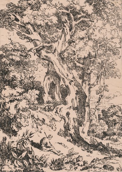 Estudio de árboles y matorrales con figura masculina sentada de William Havell