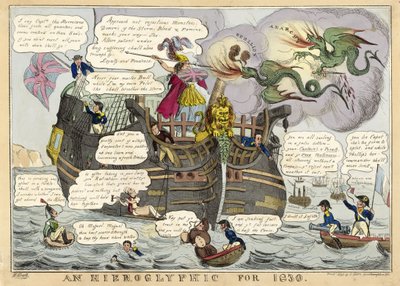 Un jeroglífico para 1830, pub. 1830 (grabado coloreado a mano) de William Heath