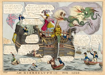 Un jeroglífico para 1830, pub. 1830 grabado coloreado a mano de William Heath