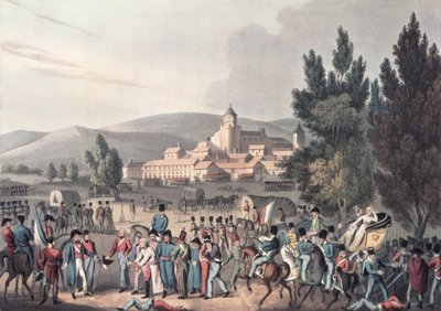 Batalla de Vitoria, 1813, trayendo a los prisioneros, grabado por I. Clarke, aguafuerte por M. DuBourg de William Heath