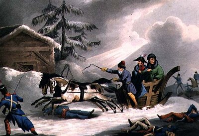 La huida de Bonaparte disfrazado de Conde Vicenza desde Rusia, publicado el 1 de marzo de 1814 por William Heath de William Heath