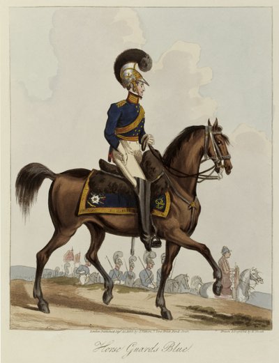 Guardias a Caballo Azules, estudio de uniforme del Regimiento Real de Guardias a Caballo, 1820 de William Heath