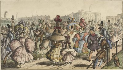 Hombres y mujeres con atuendos llamativos caminando en un parque en una ciudad The Park - 1830 (título sobre objeto) de William Heath