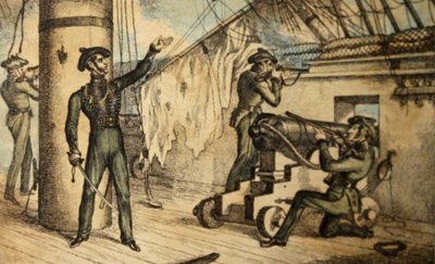 Fusileros marinos en acción a bordo de un buque de guerra no identificado, c.1835 de William Heath