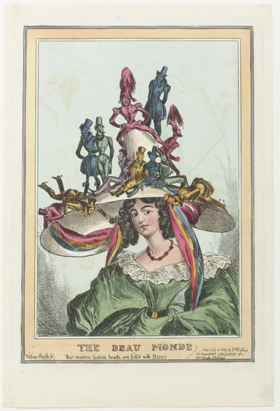 Mujer con un gran sombrero en el que se sientan figuras masculinas El Beau Monde (título sobre objeto) de William Heath