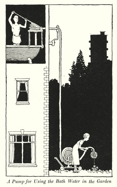 Una bomba para usar el agua del baño en el jardín (litografía) de William Heath Robinson