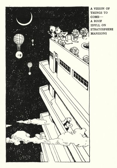 Una Visión de las Cosas por Venir, Un Idilio en el Techo de Stratosphere Mansions de William Heath Robinson