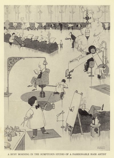 Una mañana ocupada en el suntuoso estudio de un artista de peluquería de moda de William Heath Robinson
