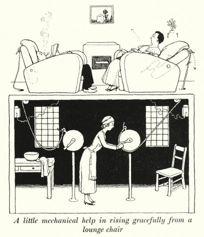 Un poco de ayuda mecánica para levantarse graciosamente de una silla de salón de William Heath Robinson