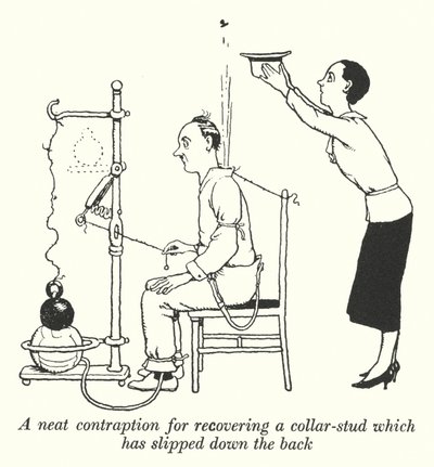 Un artilugio ingenioso para recuperar un botón de cuello que se ha deslizado por la espalda de William Heath Robinson