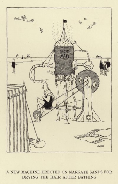 Una nueva máquina erigida en las Arenas de Margate para secar el cabello después del baño de William Heath Robinson