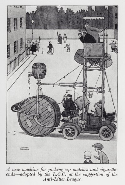 Una nueva máquina para recoger fósforos y colillas adoptada por el LCC a sugerencia de la Liga Anti-Basura de William Heath Robinson