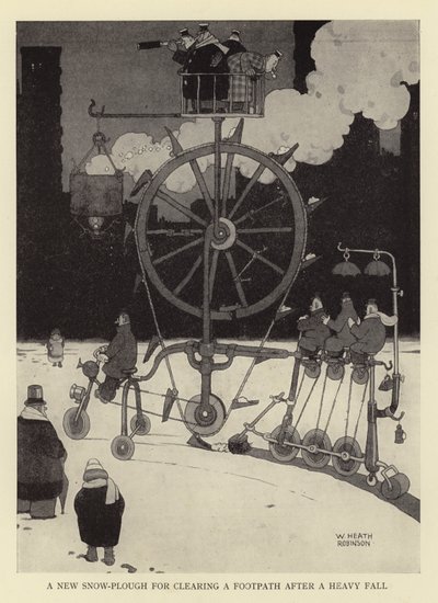 Un nuevo quitanieves para despejar una acera después de una fuerte nevada de William Heath Robinson