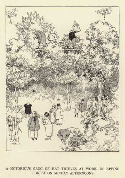 Una banda notoria de ladrones de sombreros en acción en el Bosque de Epping los domingos por la tarde de William Heath Robinson