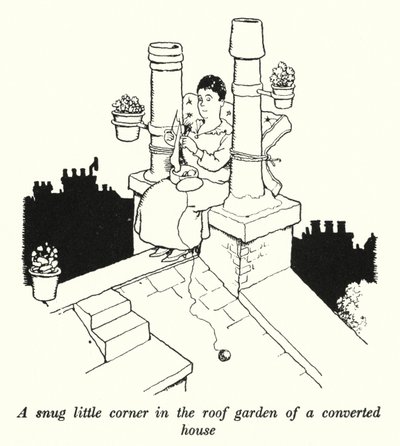 Un Rincón Acogedor en el Jardín del Techo de una Casa Convertida de William Heath Robinson