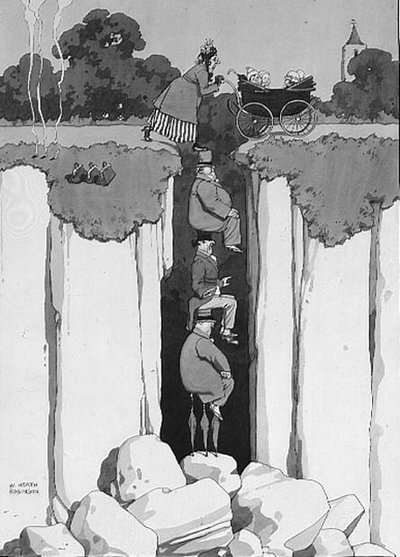 Acto de bondad, consideración de tres caballeros ayudando a una dama a cruzar un abismo de William Heath Robinson