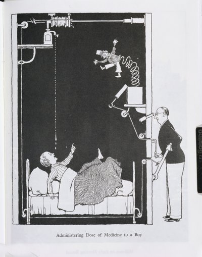Administrando una dosis de medicina a un niño, ilustración de 