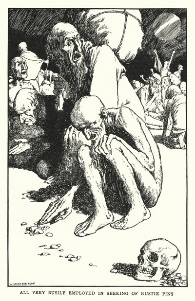 Todos muy ocupados buscando alfileres oxidados (litografía) de William Heath Robinson