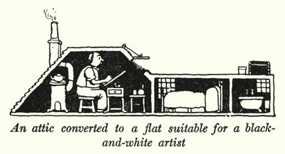 Un ático convertido en un apartamento adecuado para un artista en blanco y negro de William Heath Robinson