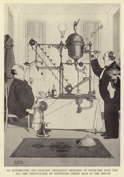Un aparato interesante y elegante diseñado para superar de una vez por todas las dificultades de llevar guisantes verdes a la boca de William Heath Robinson