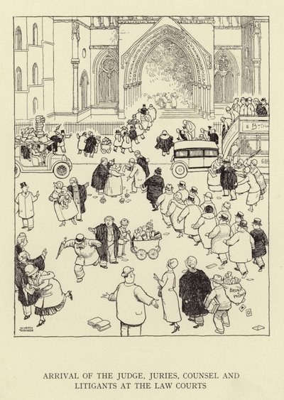Llegada del juez, jurados, abogados y litigantes a los tribunales de William Heath Robinson