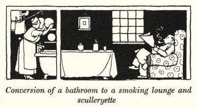 Conversión de un baño en un salón de fumar y una pequeña cocina de William Heath Robinson